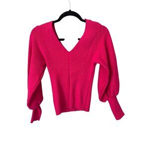The Nines Sweater Size Small Ribbed V Neck Balloon Sleeves Hot Pink Barbiecore